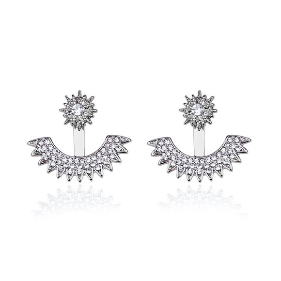 Silver Crystal Studs w/ Earring Jackets - Picture 3 of 7